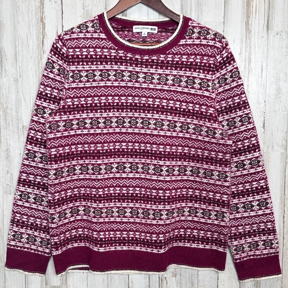 Uniqlo Ines de la Fressange Wool Alpaca Blend Fair Isle Sweater XL Red Cozy EUC